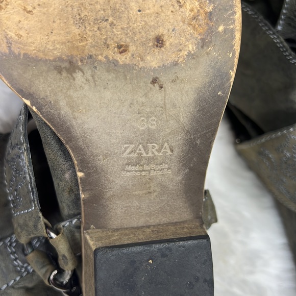 ZARA Point Toe MIDI Gray Green Cowboy Boots SZ 38 Embroidered Chain Deta… - Picture 9 of 12